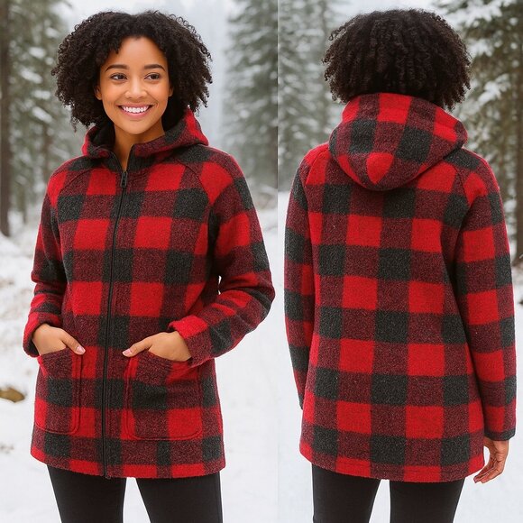 Woolrich Chilly Days Wool Blend Plaid Hooded Barn Coat Jacket Size Large New - Picture 2 of 14